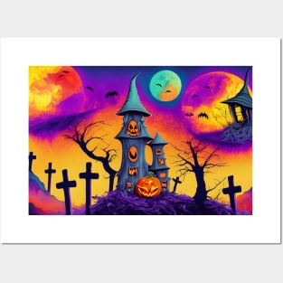 Haunted Castle in the Middle of a Cemetery with Pumpkins and Jack-o'-lanterns Posters and Art